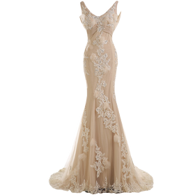 Sunvary Gorgeous Champagne Mermaid Wedding Dresses for Bride Lace and Chiffon